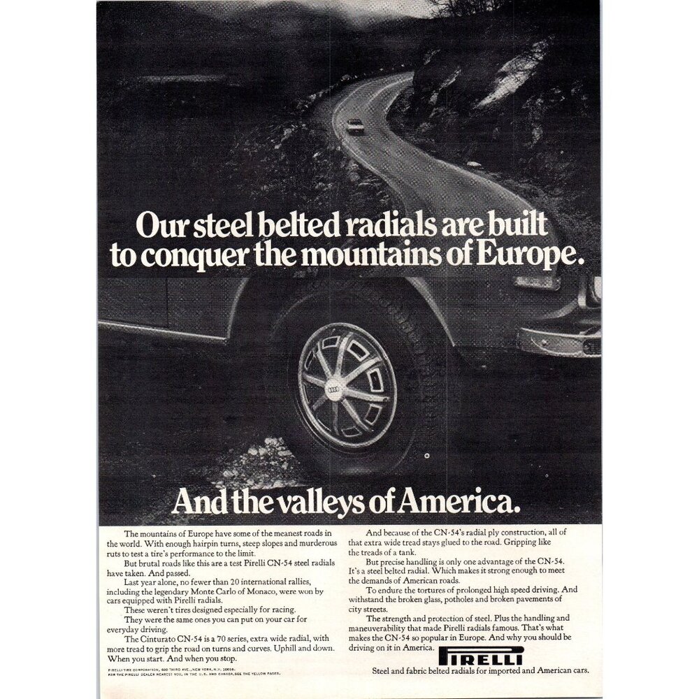 1973 Pirelli CN-54 Radial Tires Vintage Print Ad Audi European Mountain Wall Art